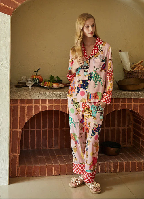 Belle Patchwork Desenli Lüks Saten Pijama Takımı