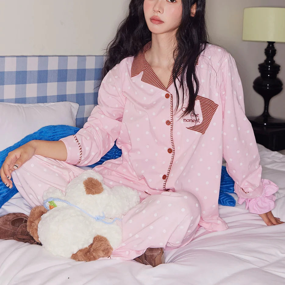 Pembe Puantiyeli İşlemeli Pamuklu Pijama Takımı