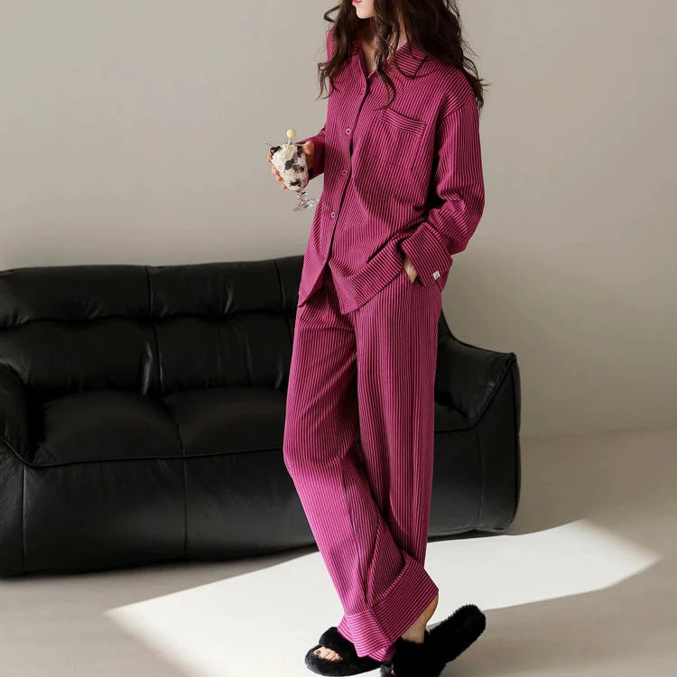 Bordo Zarif Çizgi Desenli Pamuklu Pijama Takımı