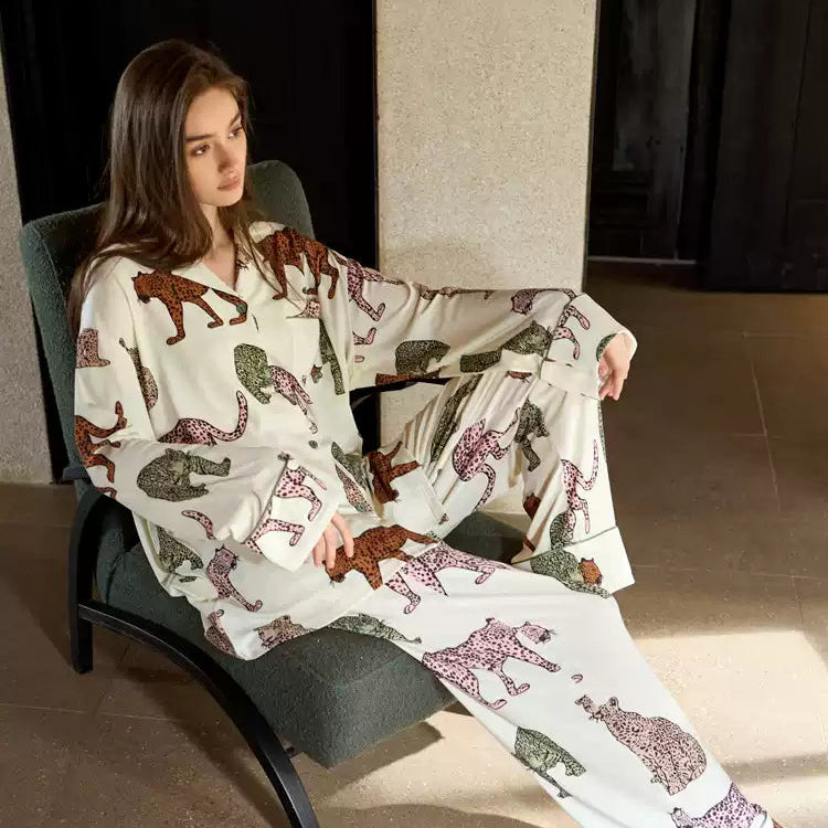 Leopar Desenli Renkli Baskılı Pamuklu Pijama Takımı