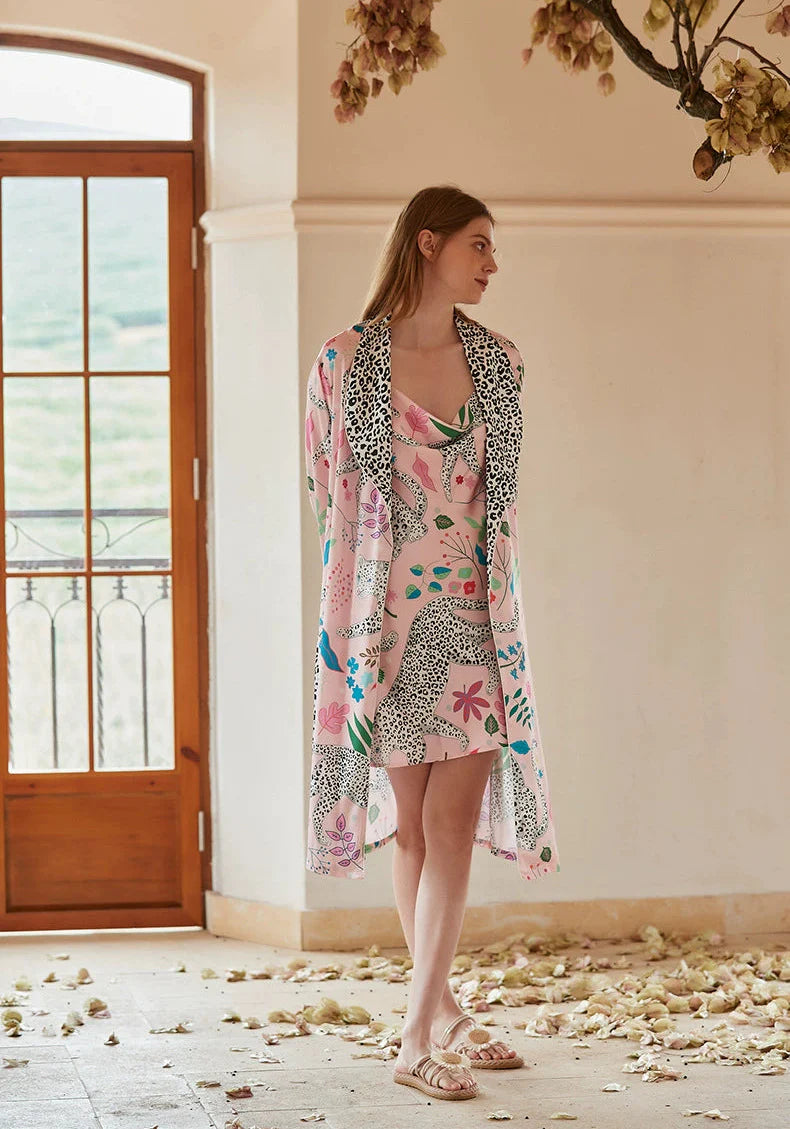 Premium Satin Robe with Snow Leopard Pattern
