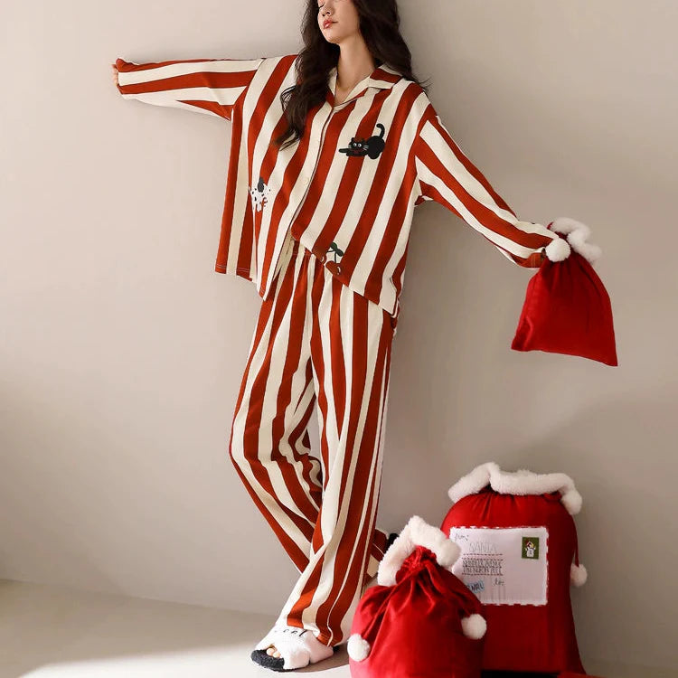 Kırmızı Çizgili Black Cat Tasarım Pamuklu Pijama Takımı