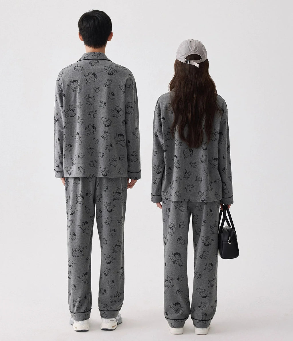 Gri Karakter Desenli Modal Pamuklu Çift Pijama Takımı