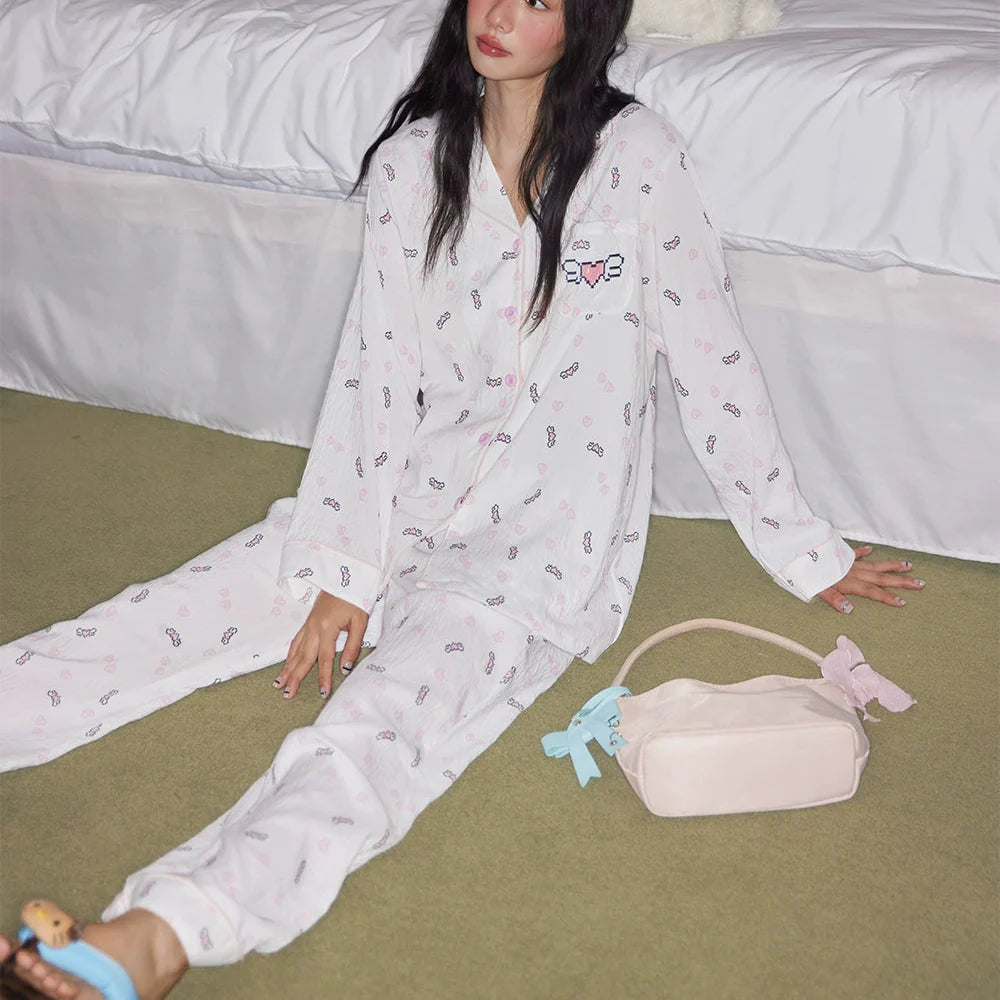 Kalp Desenli Pamuklu Pijama Takımı