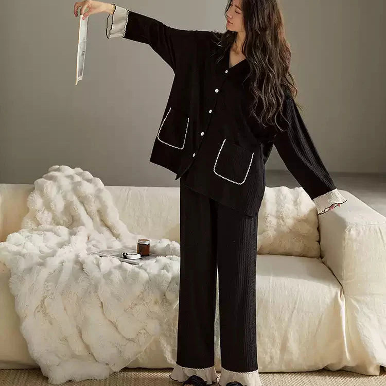 Siyah Fransız Stil Pamuklu Pijama Takımı