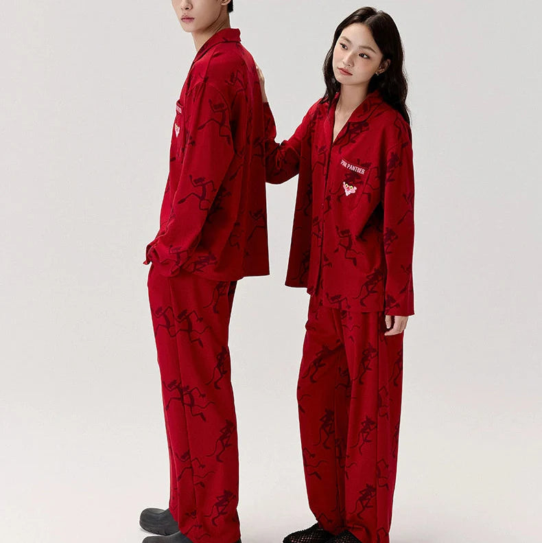 Kırmızı Pink Panther Modal Pamuklu Çift Pijama Takımı