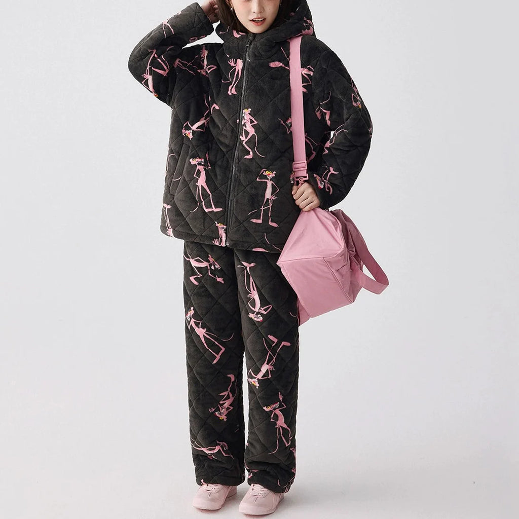 Siyah Kapüşonlu Pink Panther Flanel Kışlık Pijama Takımı