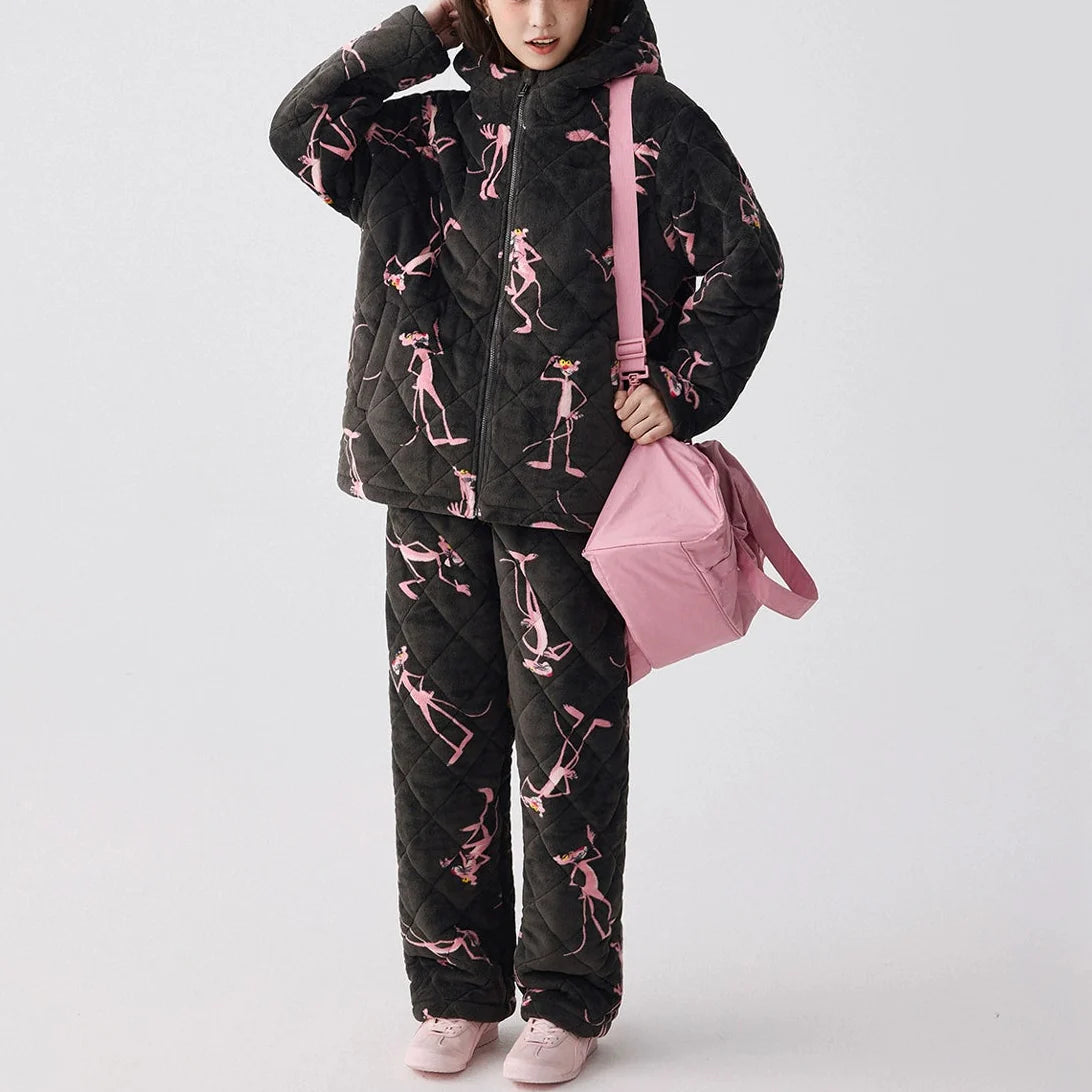 Siyah Kapüşonlu Pink Panther Flanel Kışlık Pijama Takımı