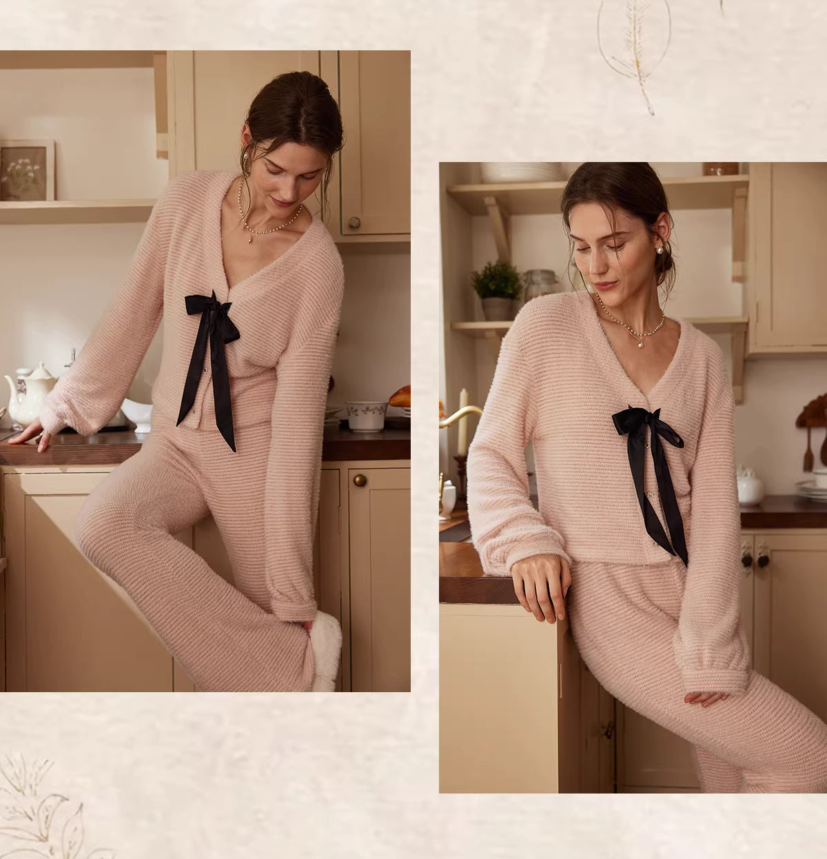 Pembe Fransız Stil Fiyonk Detaylı Polar Pijama Takımı