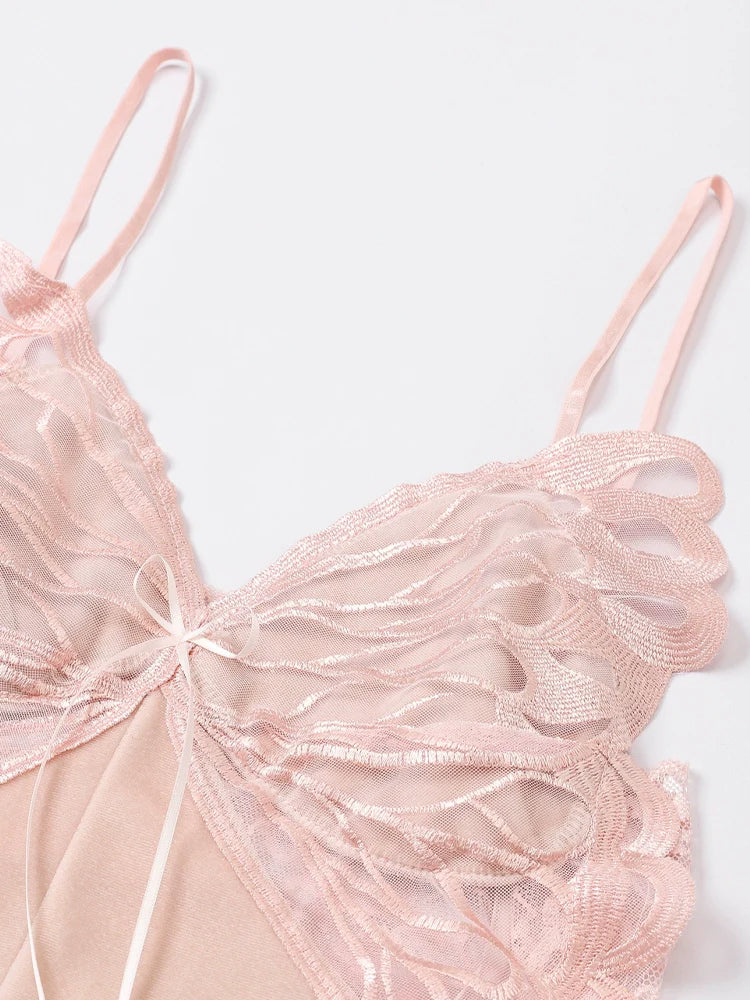 Fransız Yeni Stil Saten Dokulu Dantel Kelebek Gecelik/Sabahlık Set