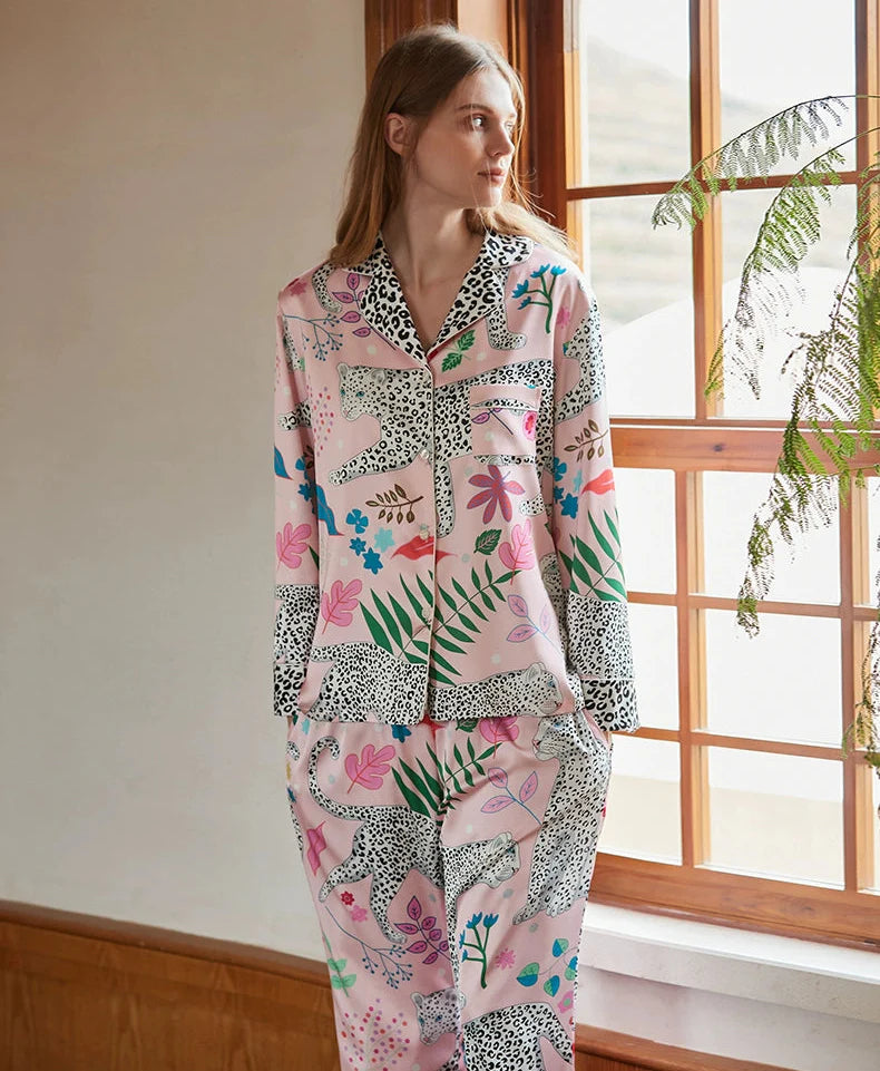 Kar Leopar Fransız Lüks Saten Pijama Takımı