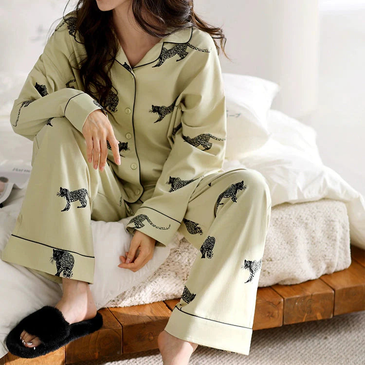 Yeşil Leopar Figürlü Pamuklu Pijama Takımı