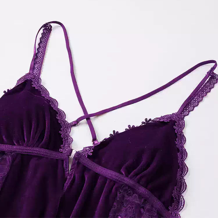 Fransız Yeni Stil Özel Kadife Dantel Gecelik/Sabahlık Set