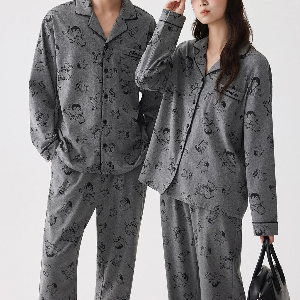 Gri Karakter Desenli Modal Pamuklu Çift Pijama Takımı