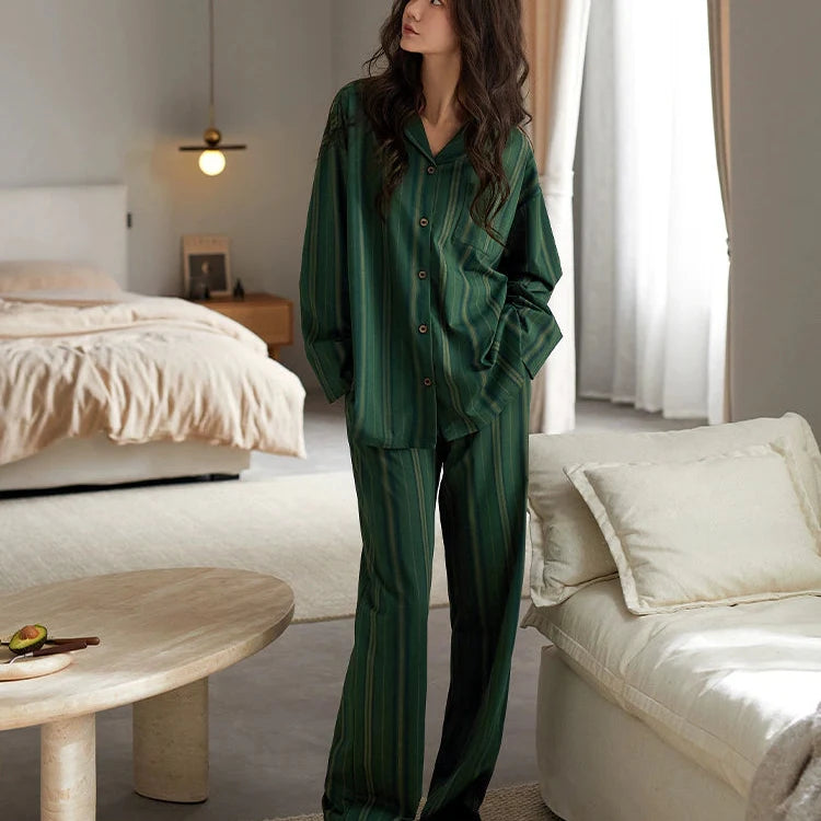 Yeşil Klasik Çizgi Desenli Pamuklu Pijama Takımı