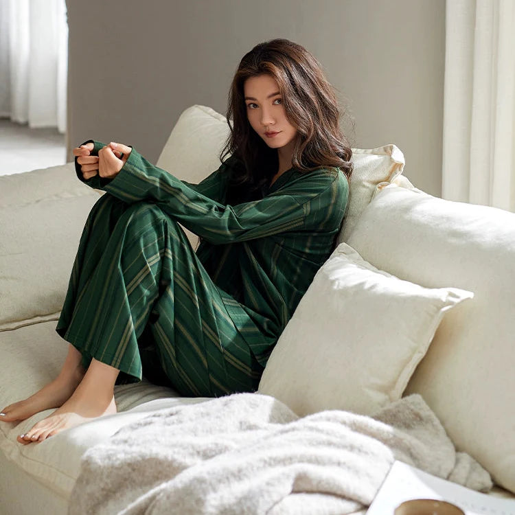 Yeşil Klasik Çizgi Desenli Pamuklu Pijama Takımı