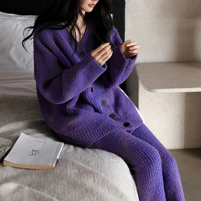 Mor Batik Desenli Yumuşak Polar Pijama Takımı