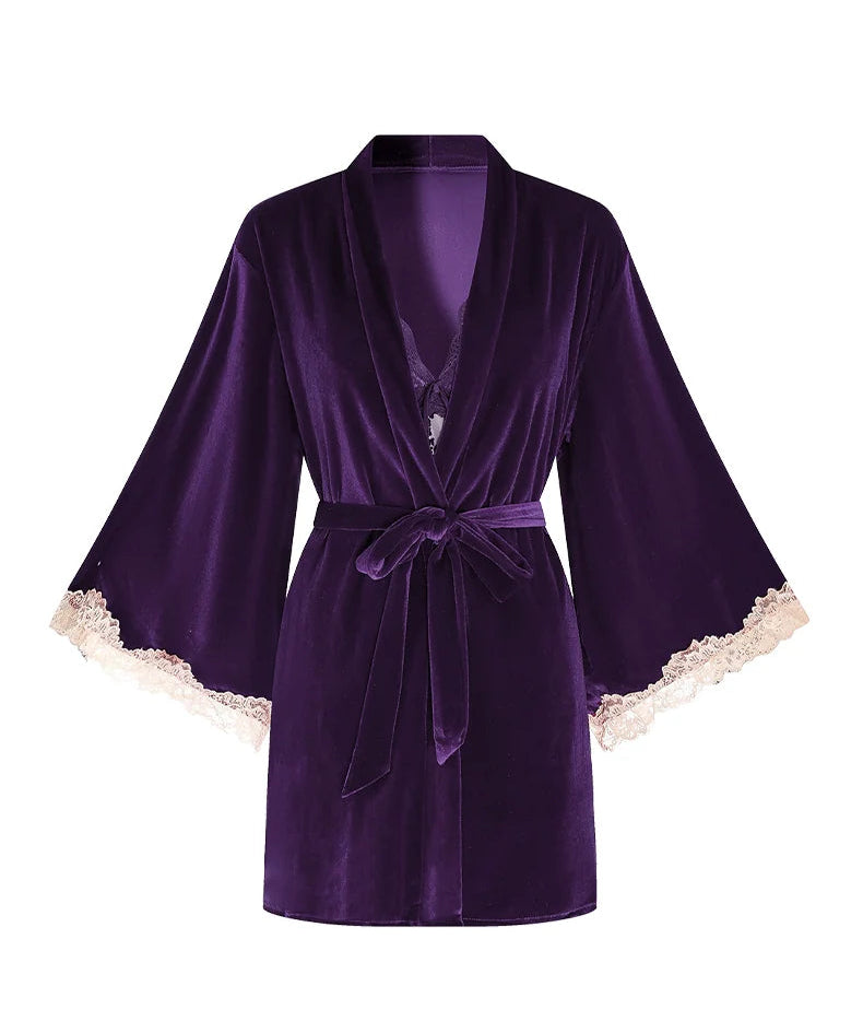 Fransız Yeni Stil Özel Kadife Dantel Gecelik/Sabahlık Set