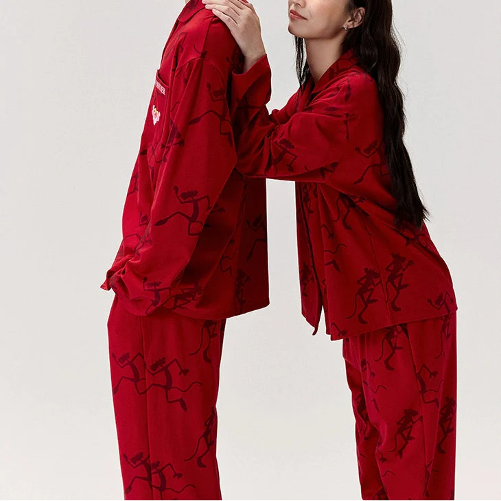 Kırmızı Pink Panther Modal Pamuklu Çift Pijama Takımı