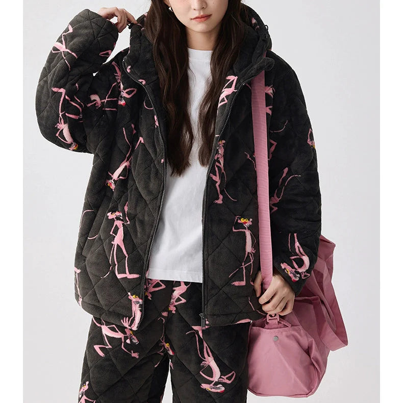 Siyah Kapüşonlu Pink Panther Flanel Kışlık Pijama Takımı