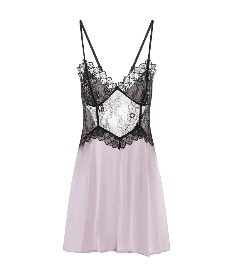 Fransız Yeni Stil Saten Dokulu Saf Dantel Gecelik /Sabahlık Set