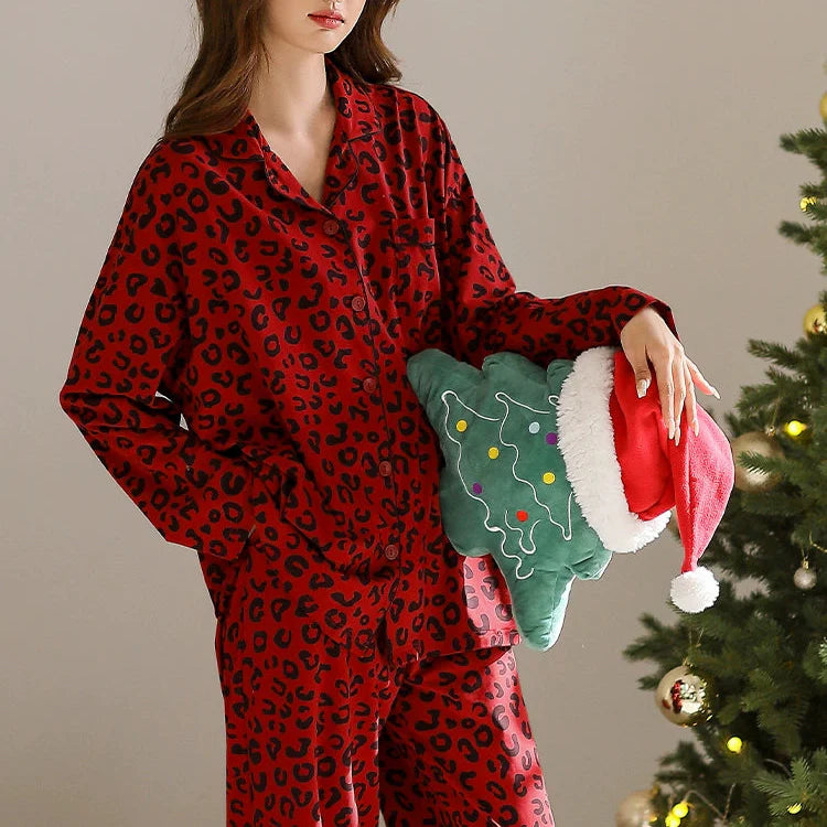 Kırmızı Leopar Desenli Pamuklu Pijama Takımı