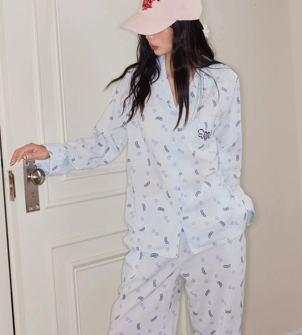 Kalp Desenli Pamuklu Pijama Takımı