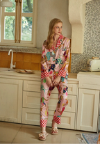 Belle Patchwork Desenli Lüks Saten Pijama Takımı