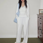 Beyaz Minimal Desenli Pijama Takımı