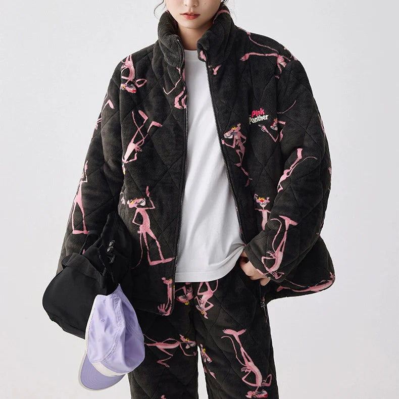 Siyah Kapüşonlu Pink Panther Flanel Kışlık Pijama Takımı