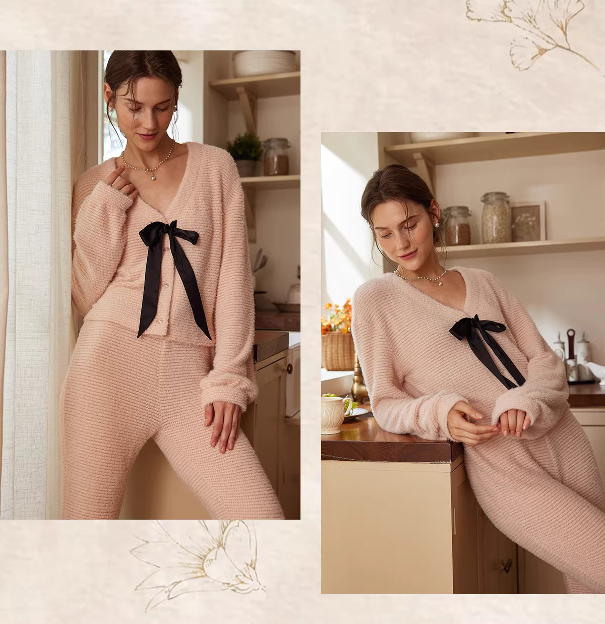 Pembe Fransız Stil Fiyonk Detaylı Polar Pijama Takımı