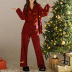 Kırmızı Leopar Desenli Pamuklu Pijama Takımı