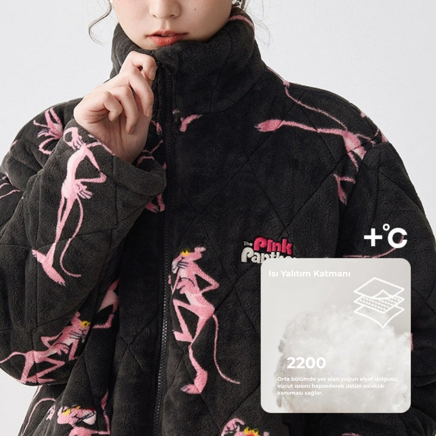 Siyah Kapüşonlu Pink Panther Flanel Kışlık Pijama Takımı