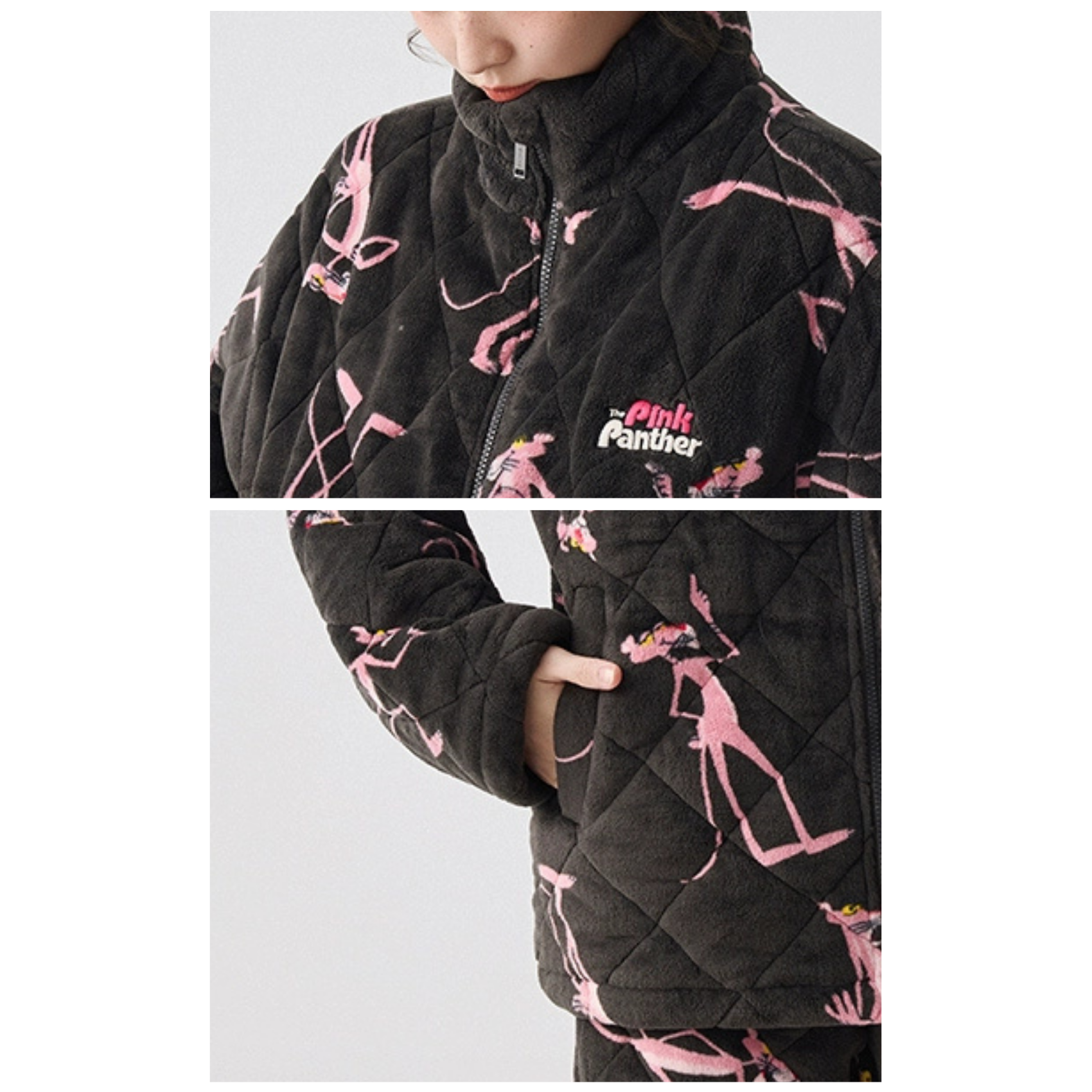 Siyah Kapüşonlu Pink Panther Flanel Kışlık Pijama Takımı