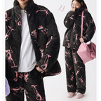 Siyah Kapüşonlu Pink Panther Flanel Kışlık Pijama Takımı