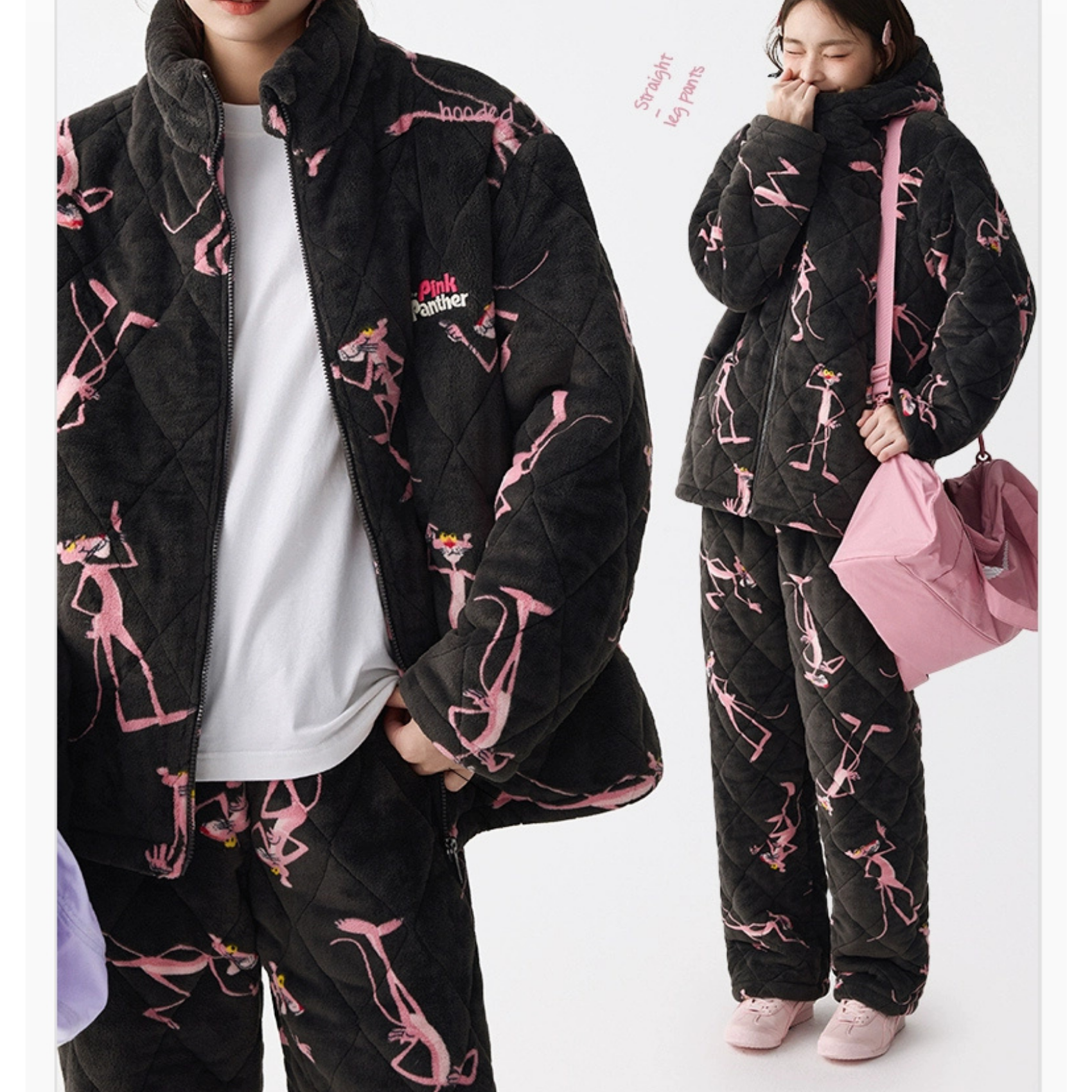 Siyah Kapüşonlu Pink Panther Flanel Kışlık Pijama Takımı