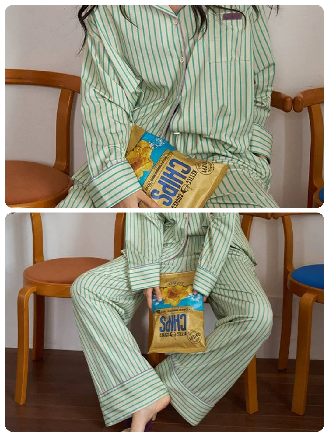 Yeşil Minimal Çizgili Pamuklu Pijama Takımı