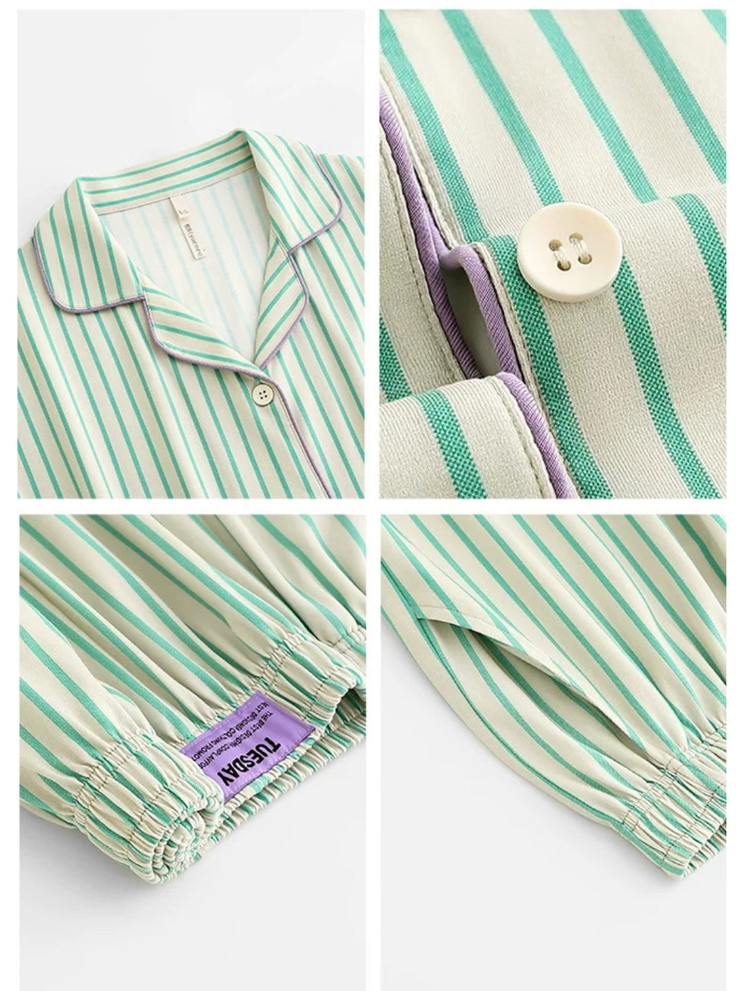 Yeşil Minimal Çizgili Pamuklu Pijama Takımı