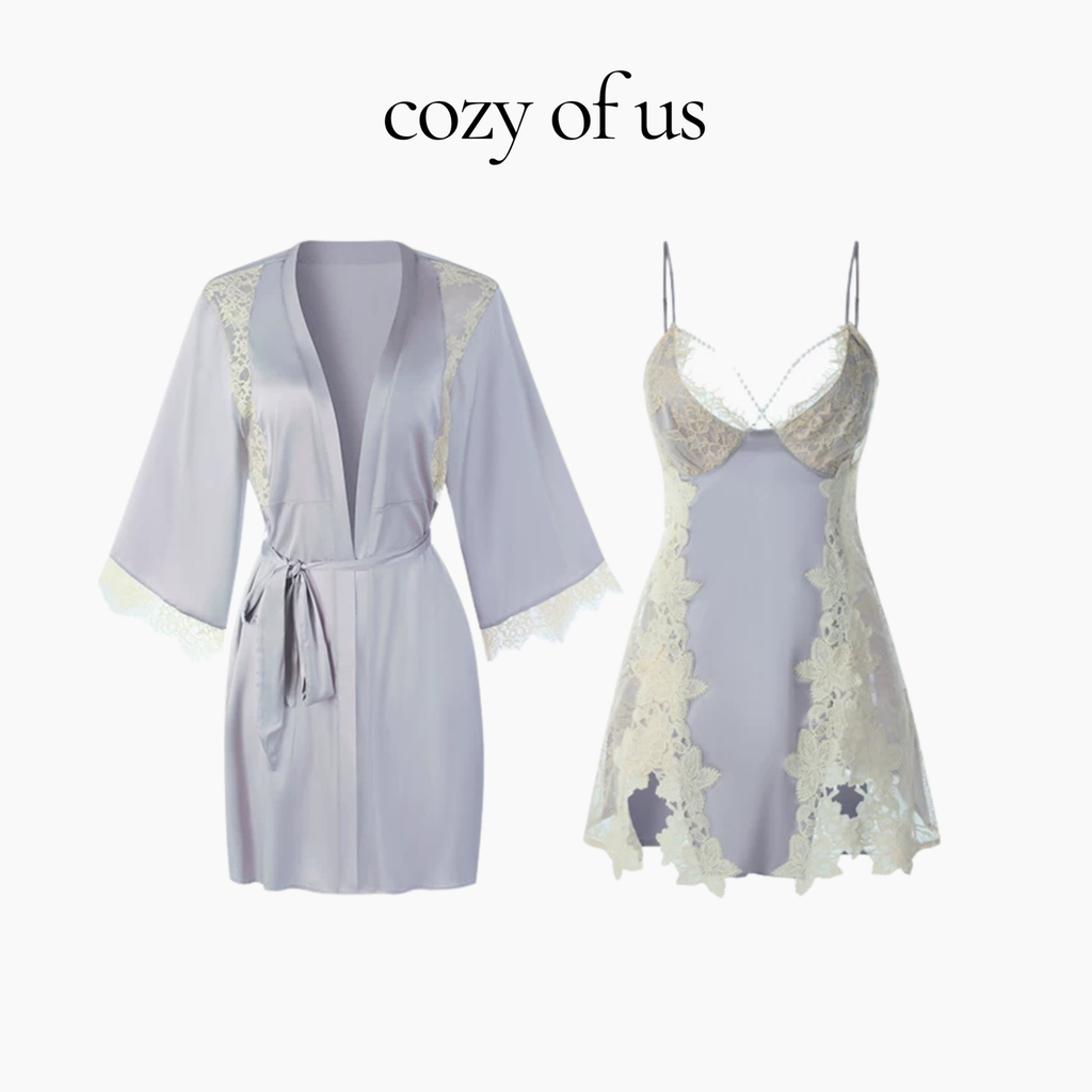 French Style Luxury Ice Silk Satin Textured Lace Nightgown/Robe Set