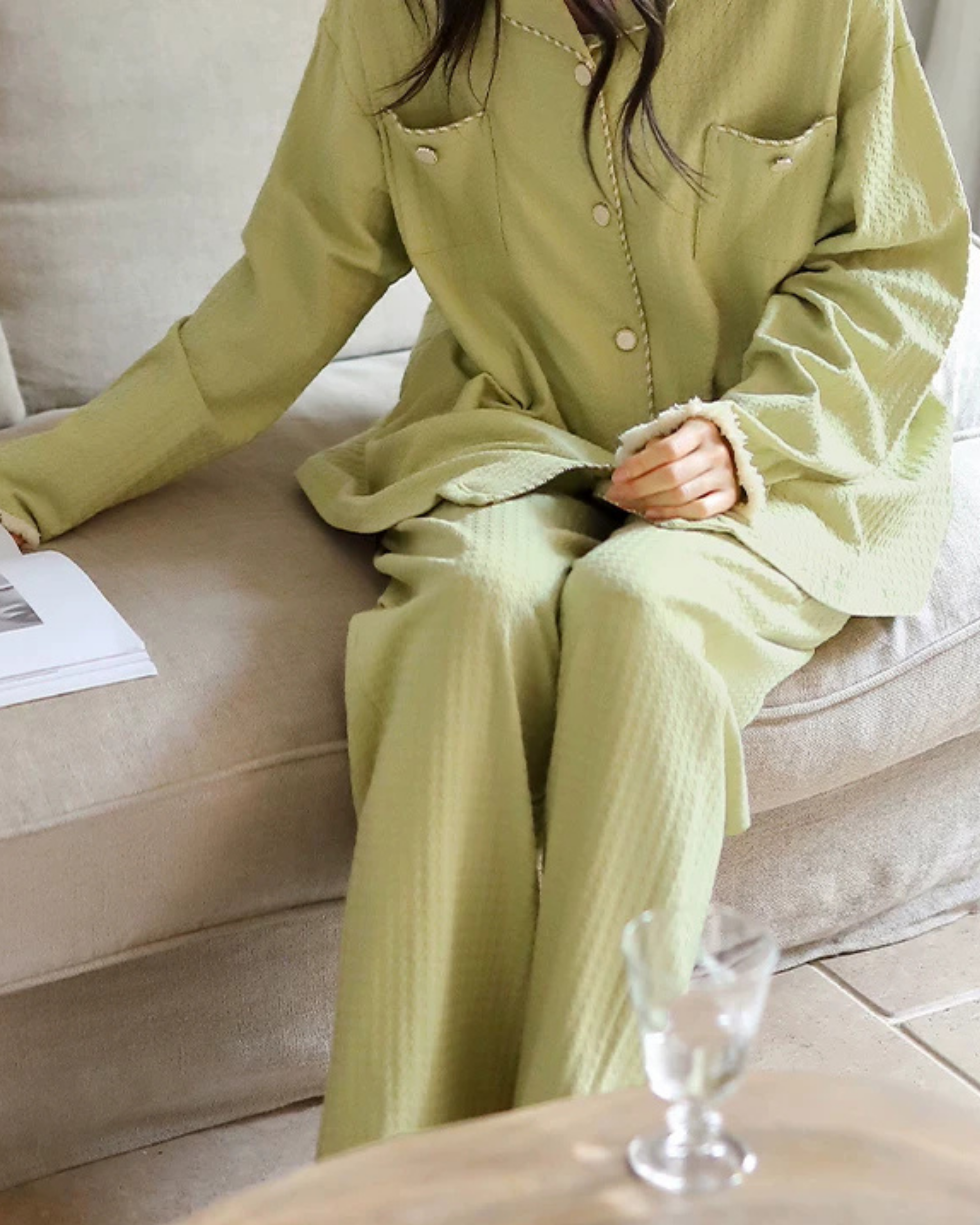 Yeşil Dokulu Pamuklu Pijama Takımı