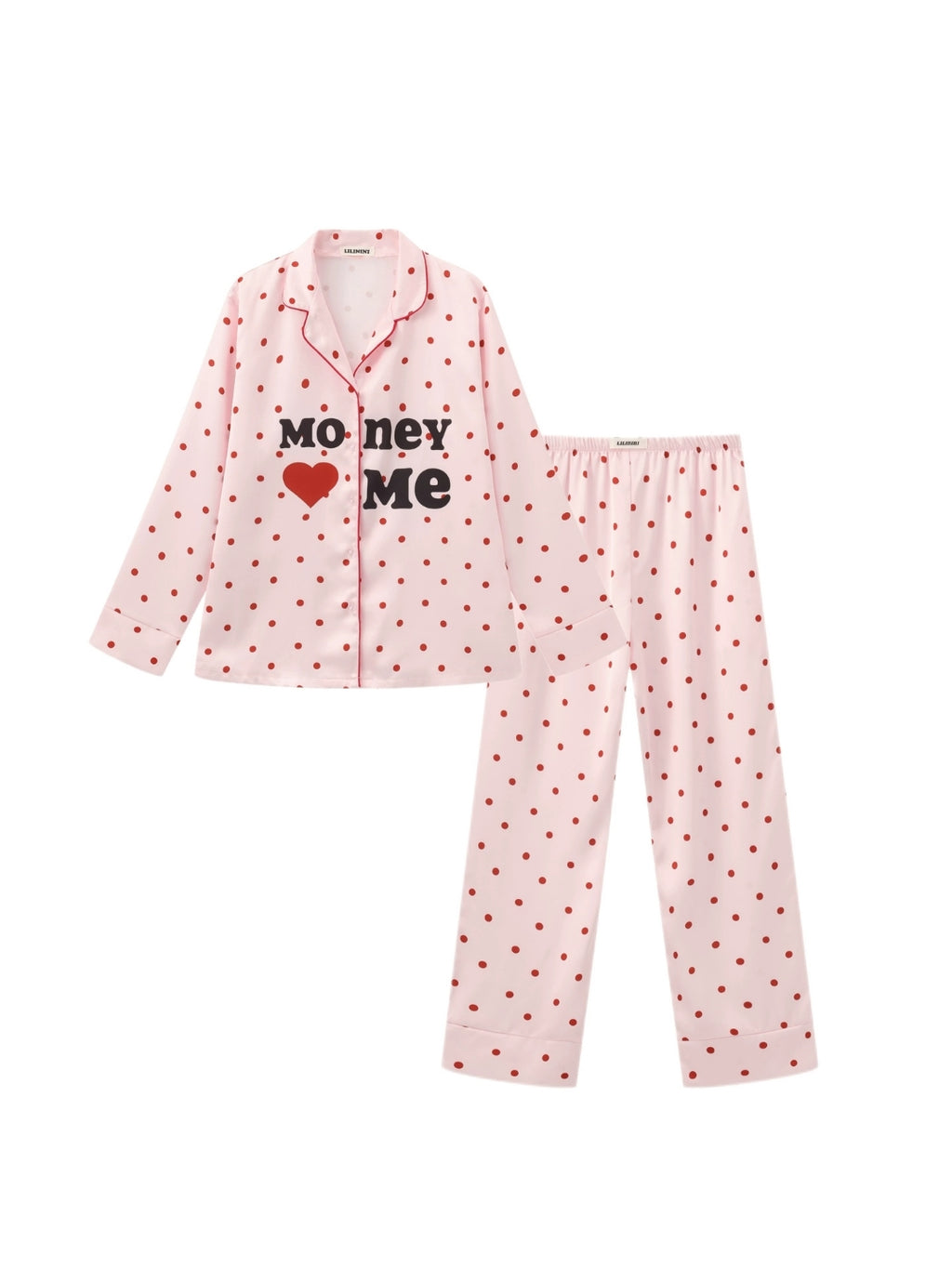 Conjunto de pijama de satén rosa con lunares de MoneyLoveMe