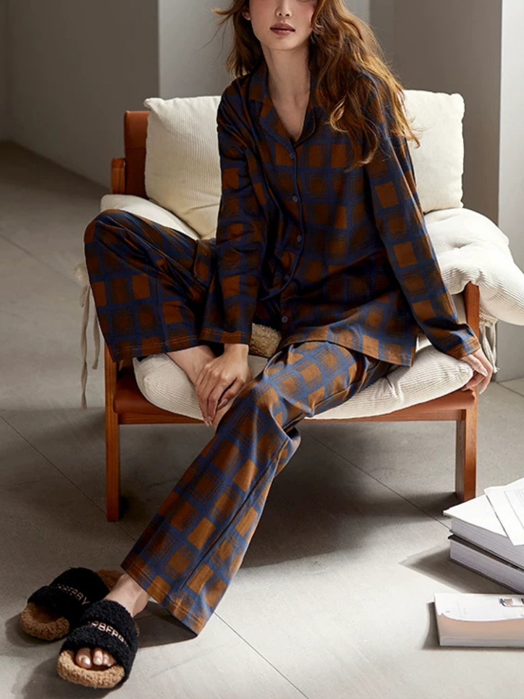 Mavi Kahverengi Kareli Pamuklu Pijama Takımı