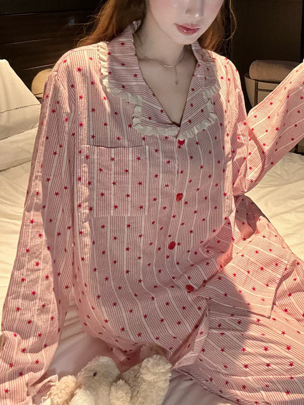 Tatlı Yıldız Desenli Çizgili Kadın Pijama Takımı