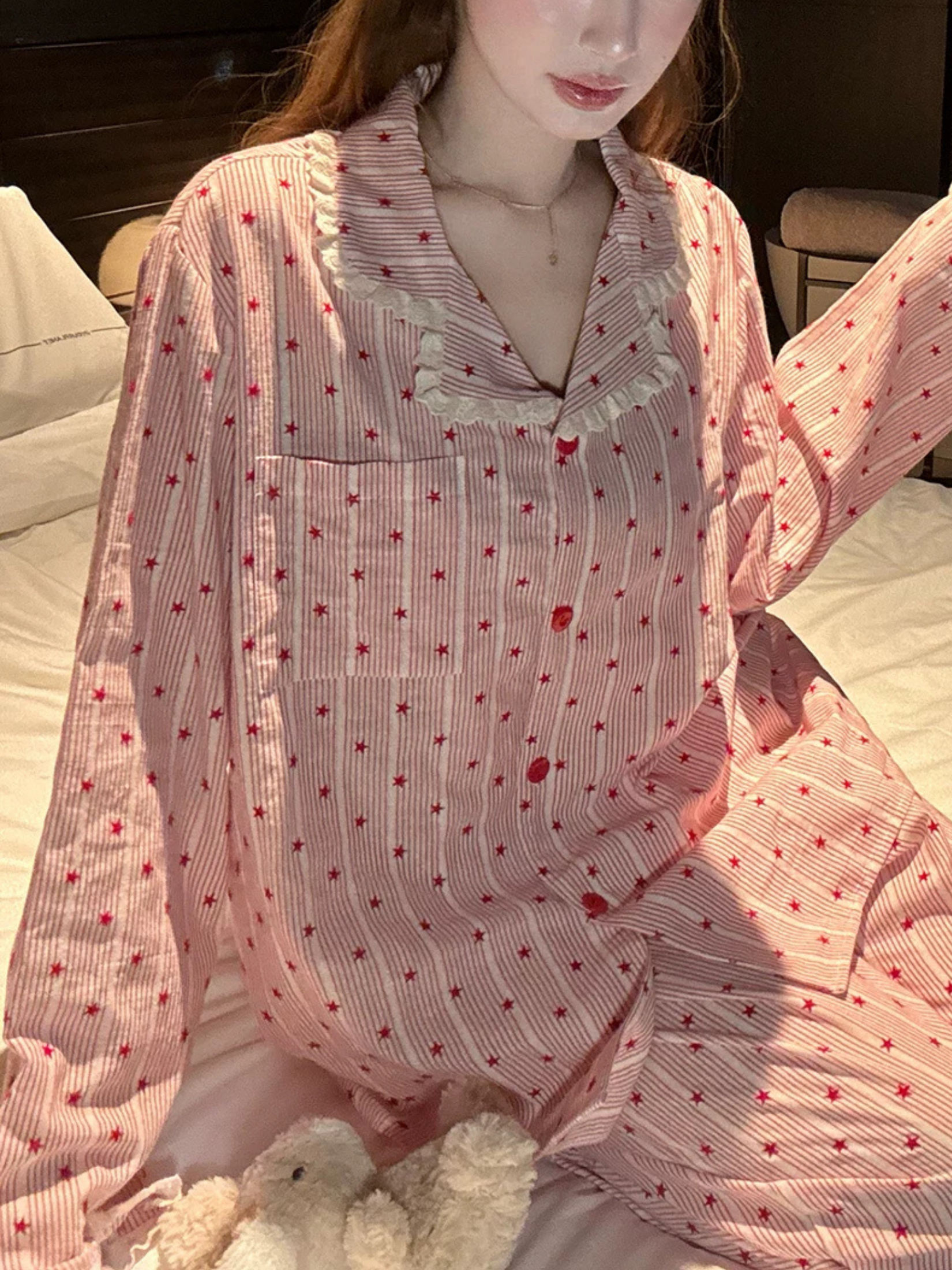 Tatlı Yıldız Desenli Çizgili Kadın Pijama Takımı