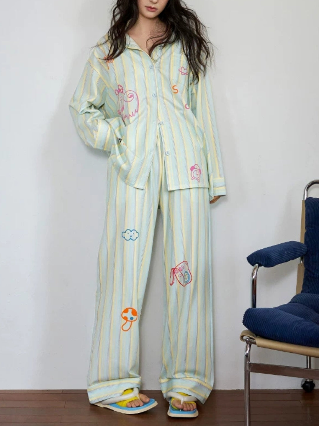 Yeşil Sarı Çizgili Figür Baskılı Pamuklu Pijama Takımı