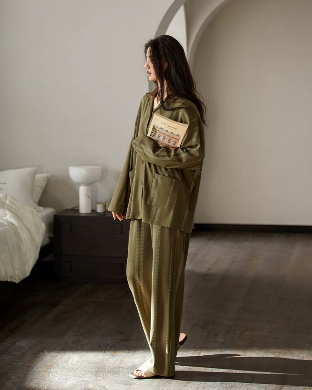 Yeşil Çizgili Dokulu Pamuklu Pijama Takımı