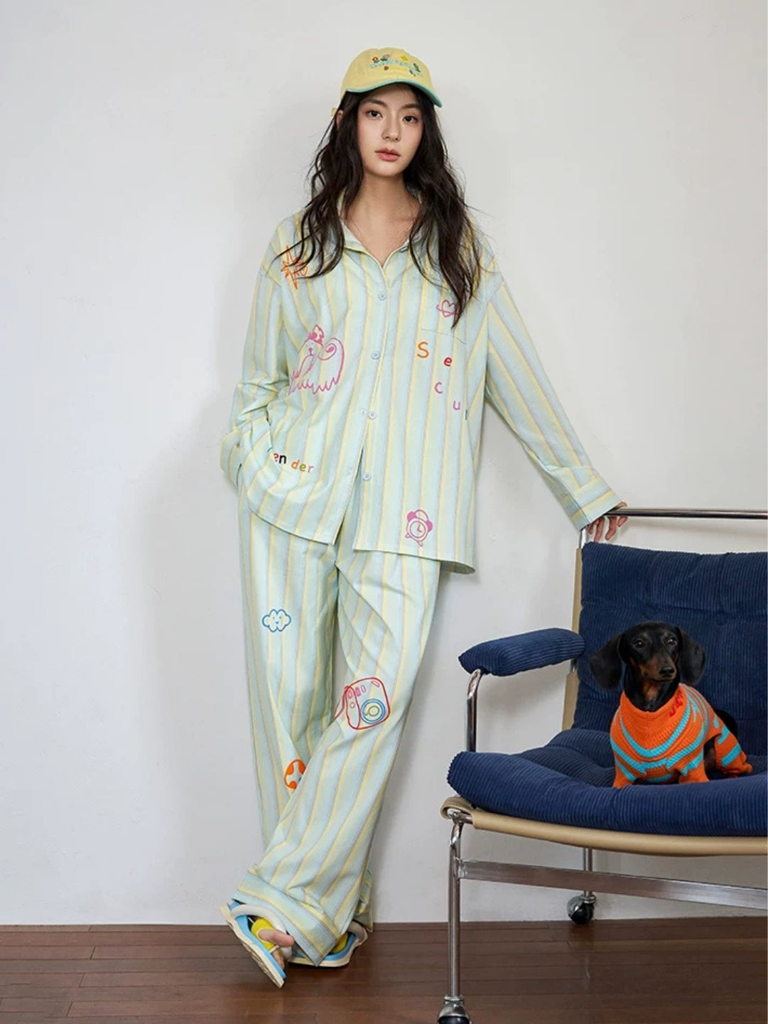 Yeşil Sarı Çizgili Figür Baskılı Pamuklu Pijama Takımı