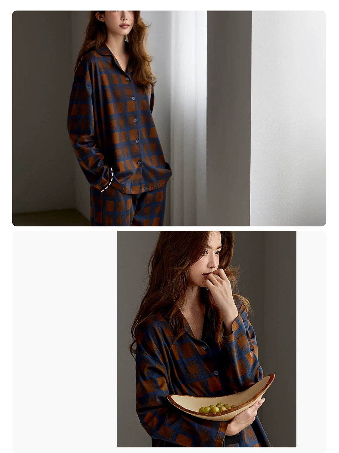 Mavi Kahverengi Kareli Pamuklu Pijama Takımı