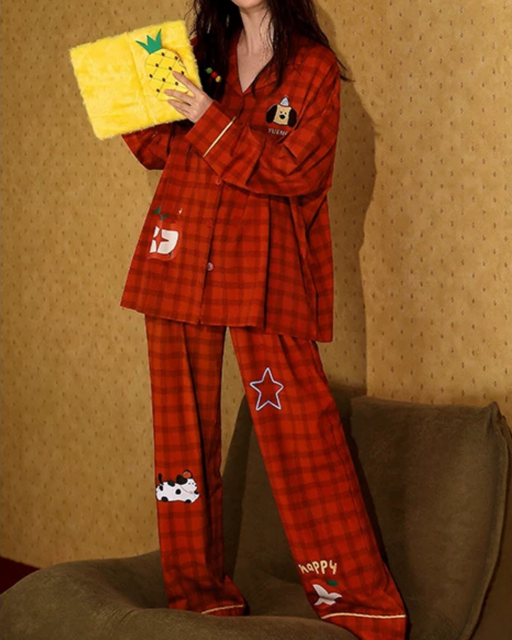 Conjunto de pijama de algodón a cuadros rojos retro