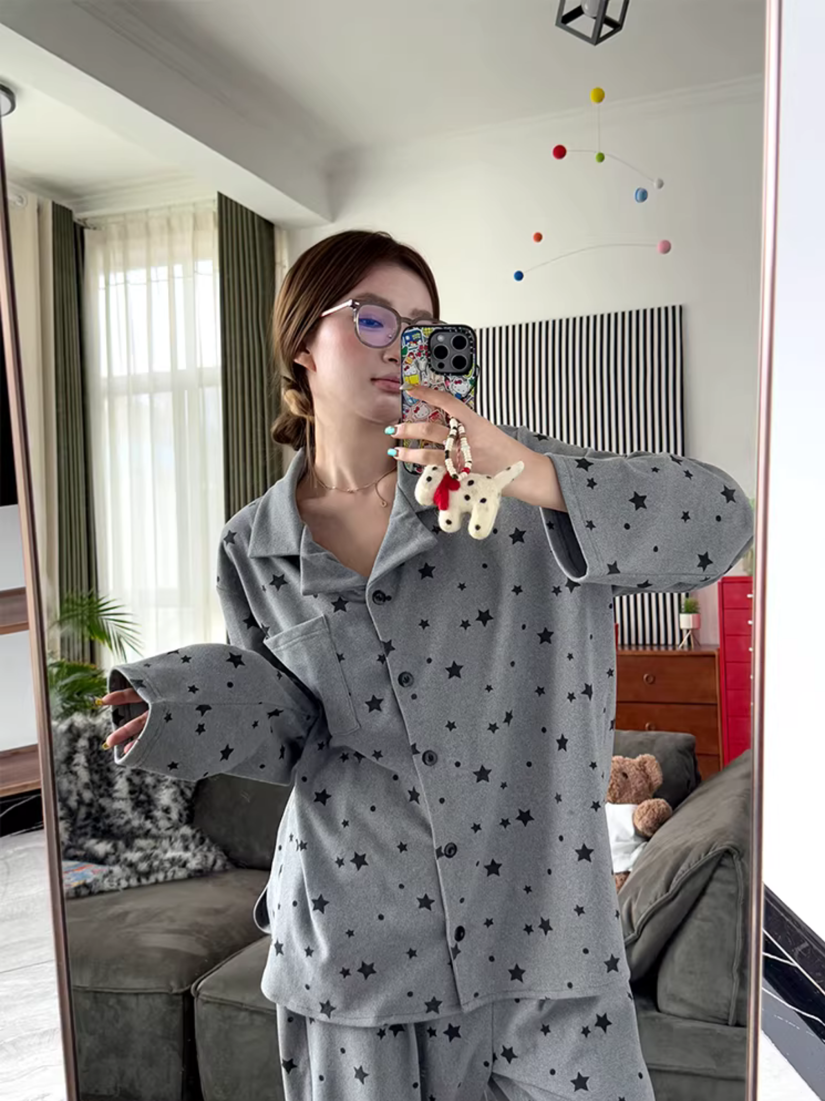 Puantiyeli Yaka Detaylı Pijama Takımı